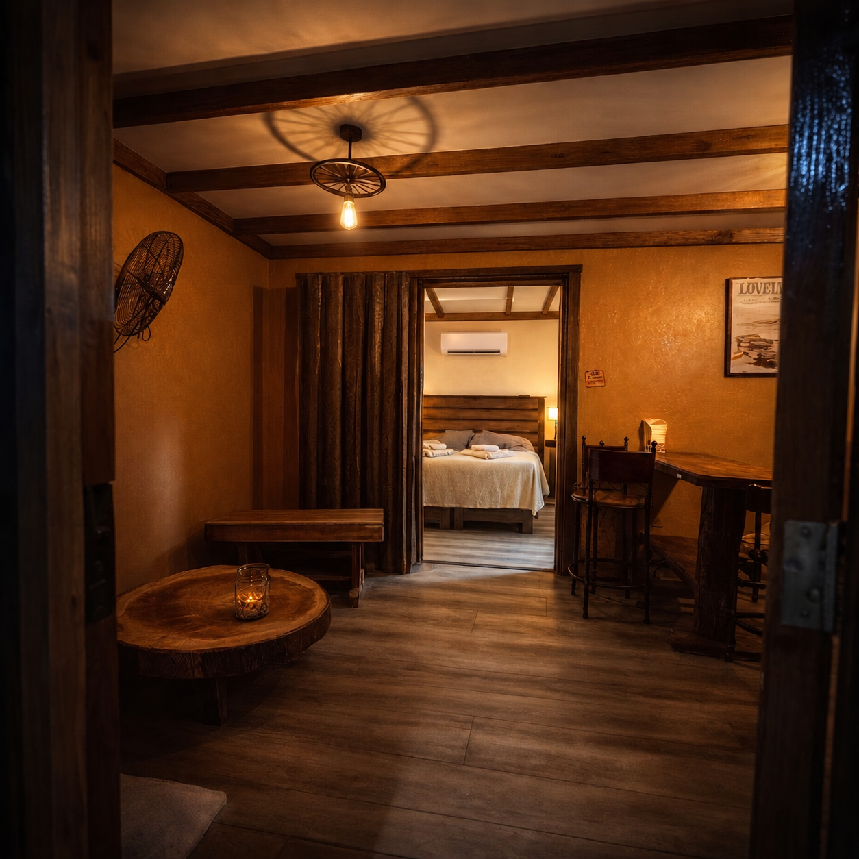 Sala de estar e quarto da Rustic com ar-condicionado