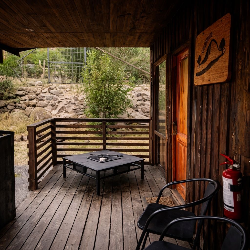 Terraço coberto de madeira da cabana Rustic