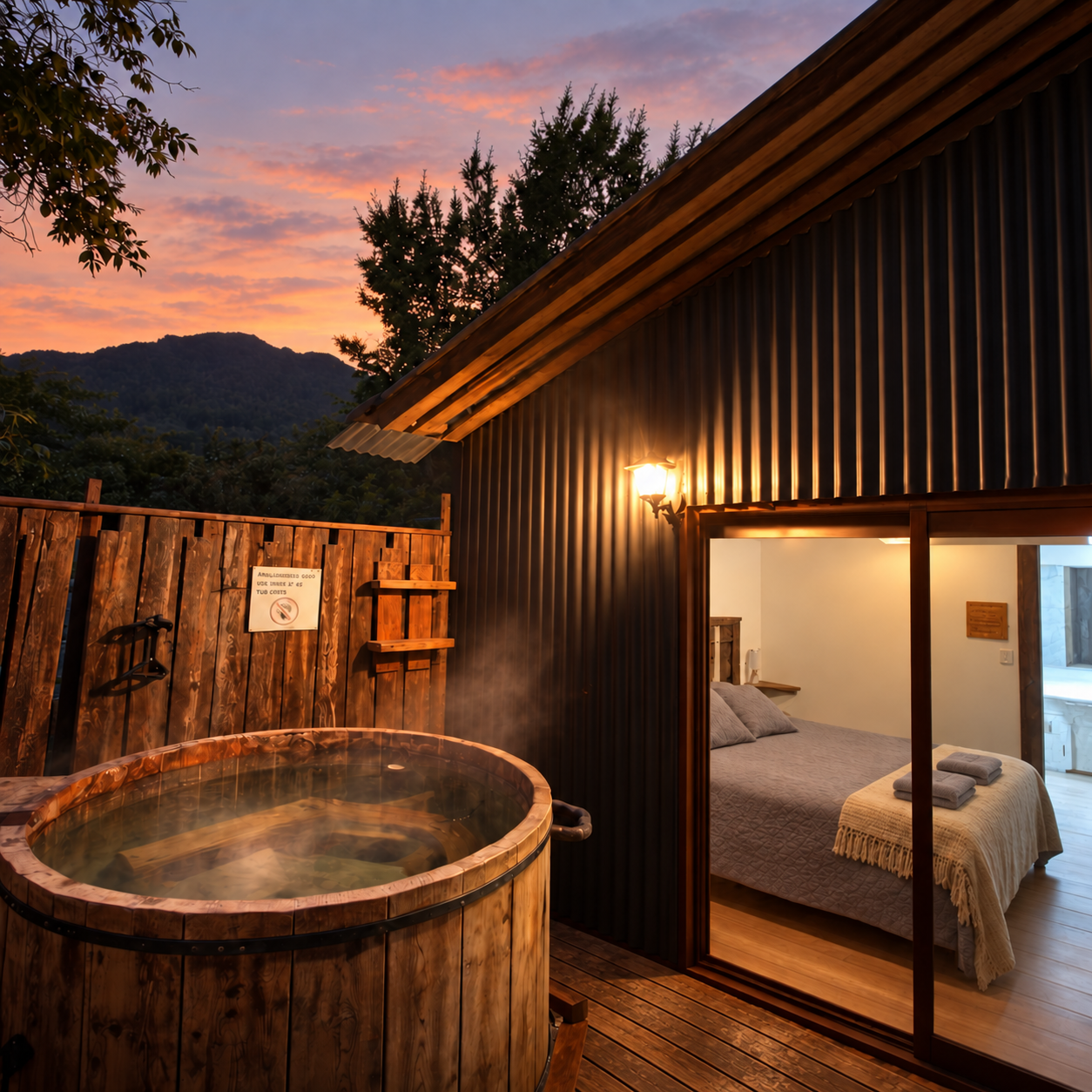 Private wooden hot tub beside the Rustic bedroom at dusk